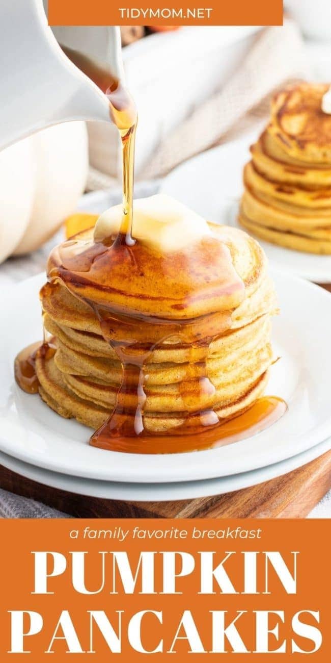 stack of pancakes on plate with syrup