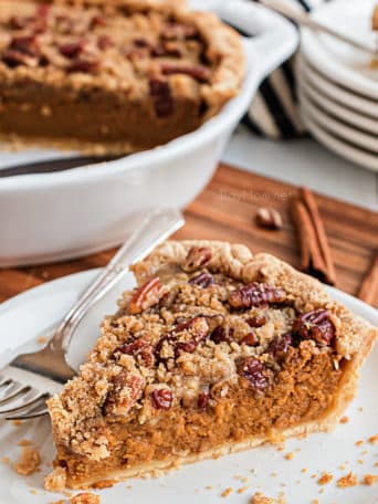 slice of pie on a white plate with a fork