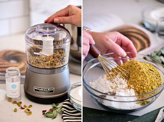 chopping pistachios in food processor and mixing into flour