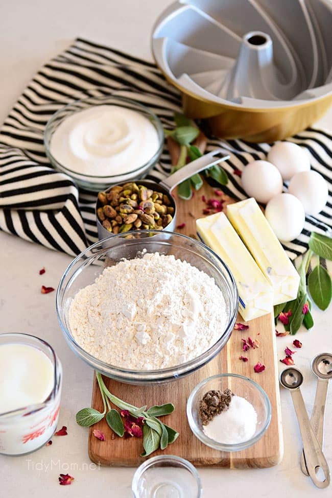 bundt cake ingredients laid out on a striped towel