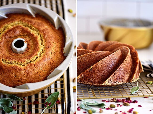 bundt cake in the pan, and out of the pan on a cooling rack