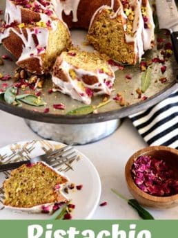 Pistachio Bundt Cake sliced and on a cake stand