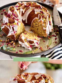 Bundt Cake with icing drizzled and garnished with dried rose petals and pistachios photo collage