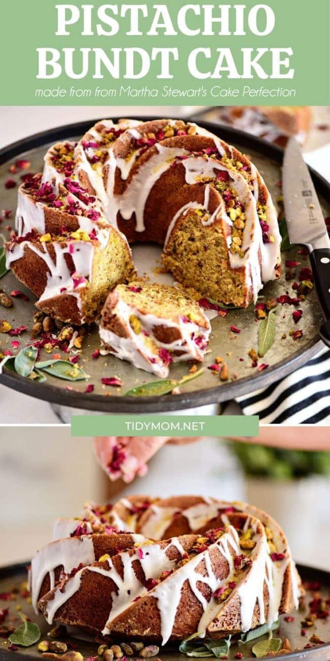 Bundt Cake with icing drizzled and garnished with dried rose petals and pistachios photo collage
