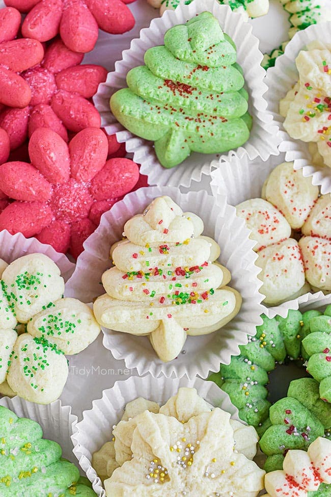 colorful spritz cookies in paper cups