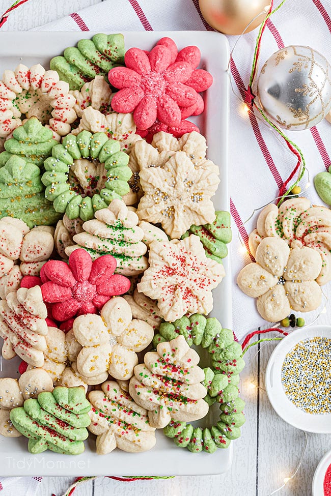 christmas spritz cookies on white platter