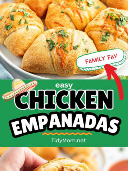 easy empanadas on a plate and one cut open seeing the chicken inside.