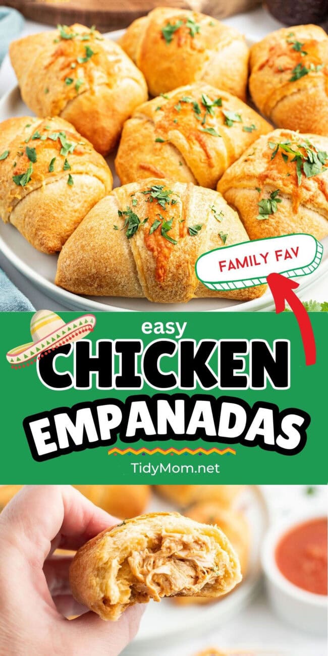 easy empanadas on a plate and one cut open seeing the chicken inside.