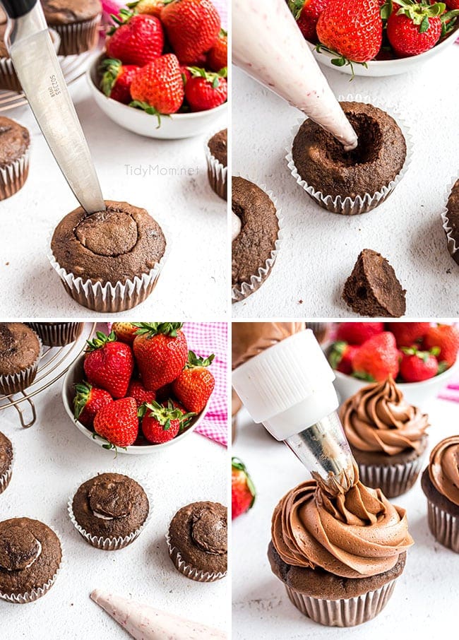 photo collage with steps for filling a cupcake