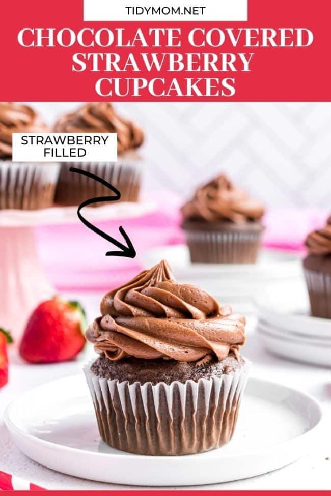 chocolate cupcakes on plates with strawberries