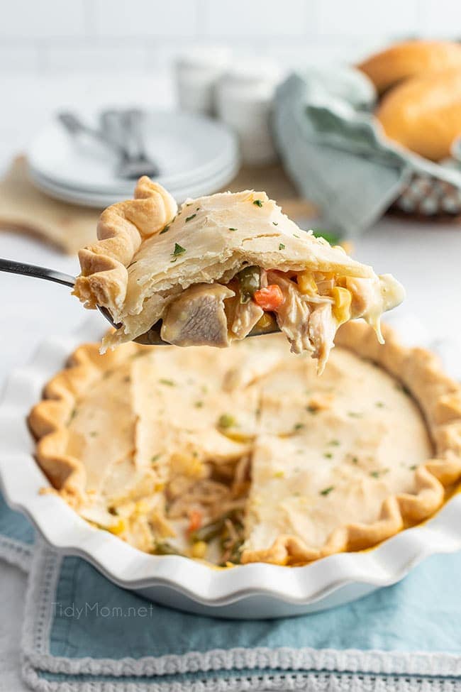 piece of pot pie on a pie server