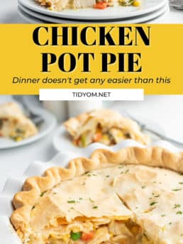 chicken pot pie on a stack of plates and in a pie plate