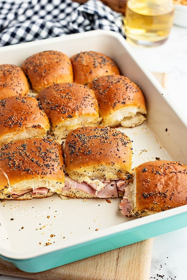 ham sliders in blue baking dish