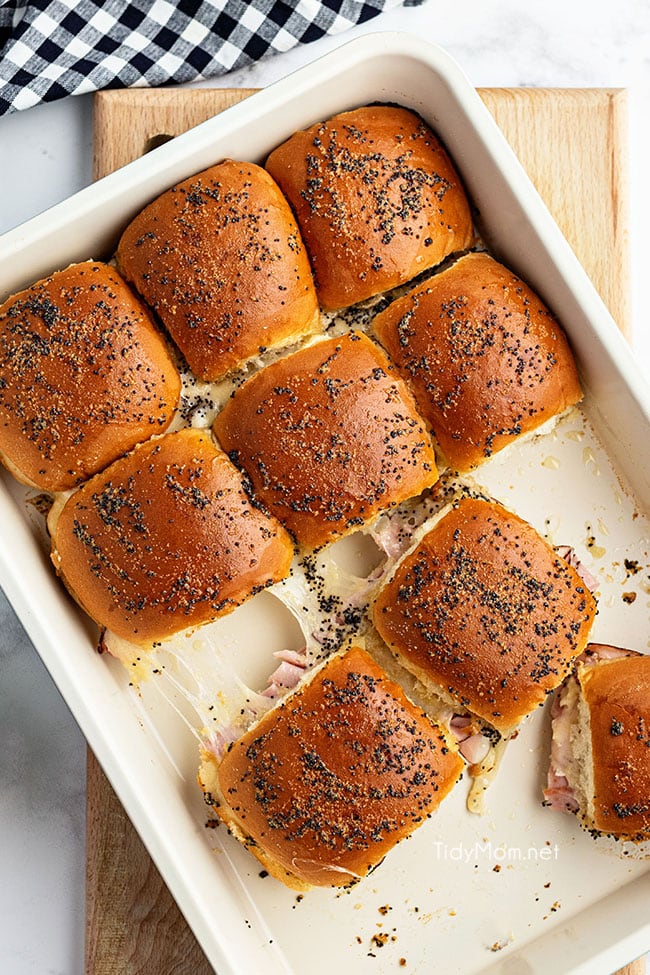 baked sliders in pan on counter