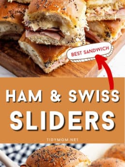 slider sandwiches on a tray and in a baking dish with cheese pull