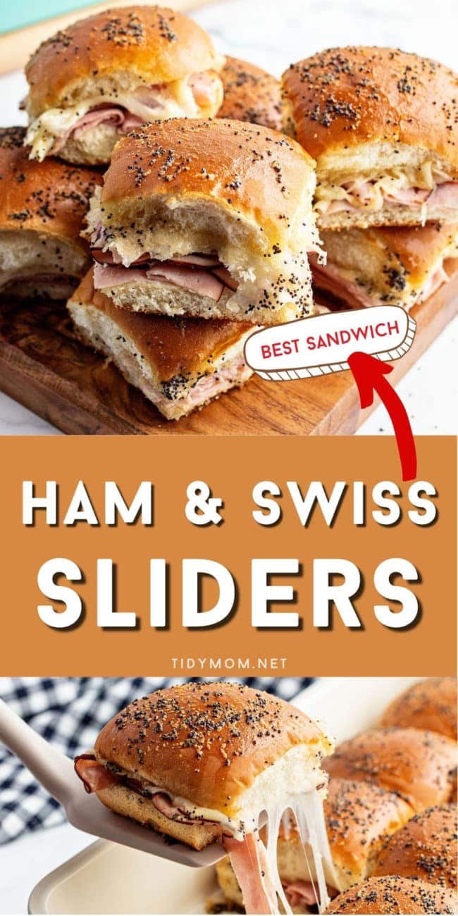 slider sandwiches on a tray and in a baking dish with cheese pull