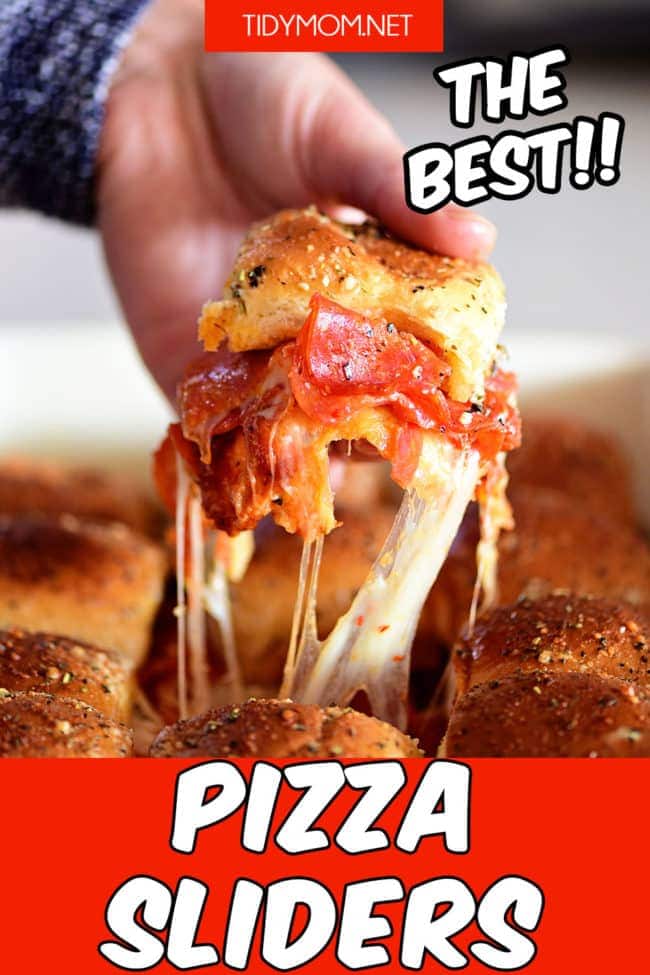 pizza slider with cheese pulling as it comes out of the dish