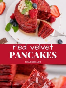 red velvet pancakes with a bit cut out