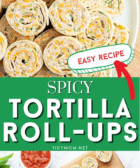 tortilla roll ups on a wood board and white plate