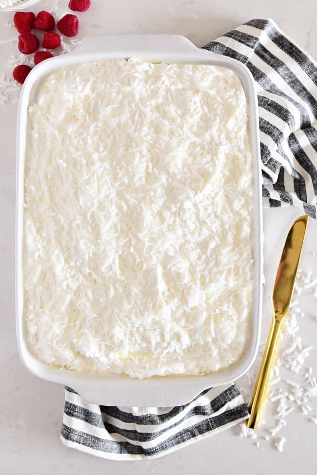 coconut cake in white pan