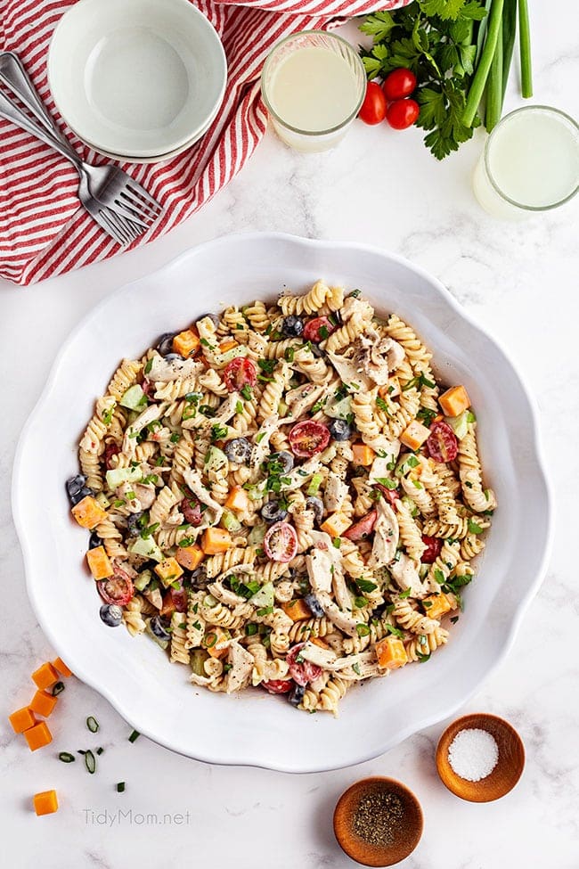 overhead shot of a bowl of pasta salad with chicken