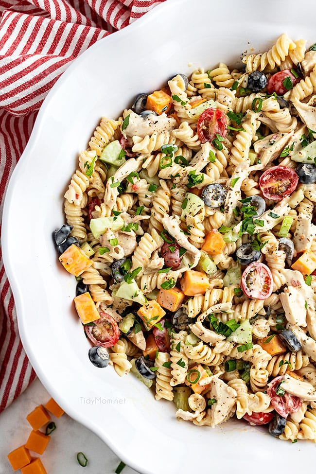 overhead shot of a bowl of pasta salad