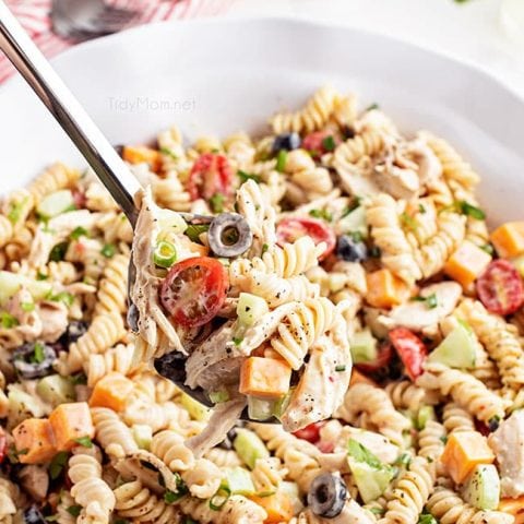 big bowl of pasta salad with a serving spoon