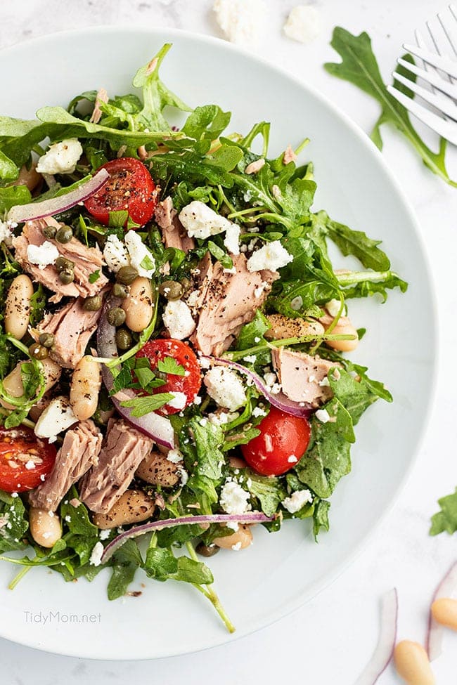 close up of salad on a white plate