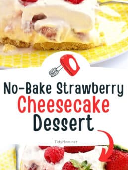 servings of no-bake strawberry cheesecake on a yellow plate