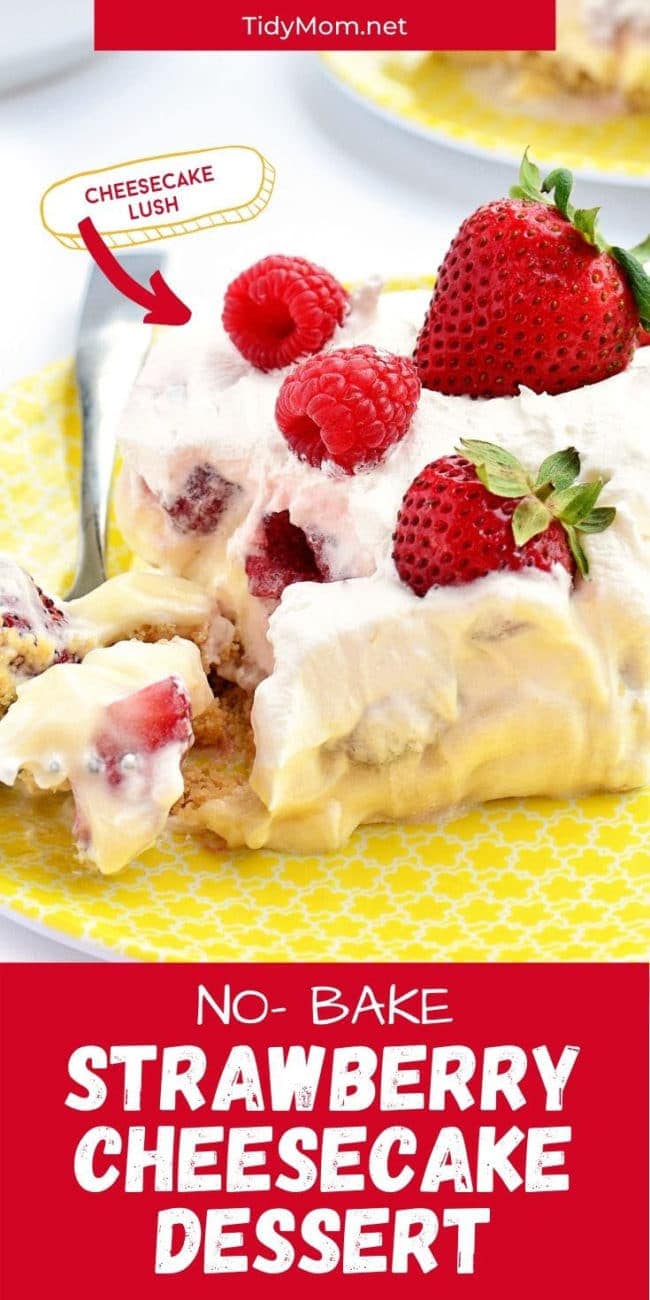 no-bake strawberry cheesecake on a plate with a fork