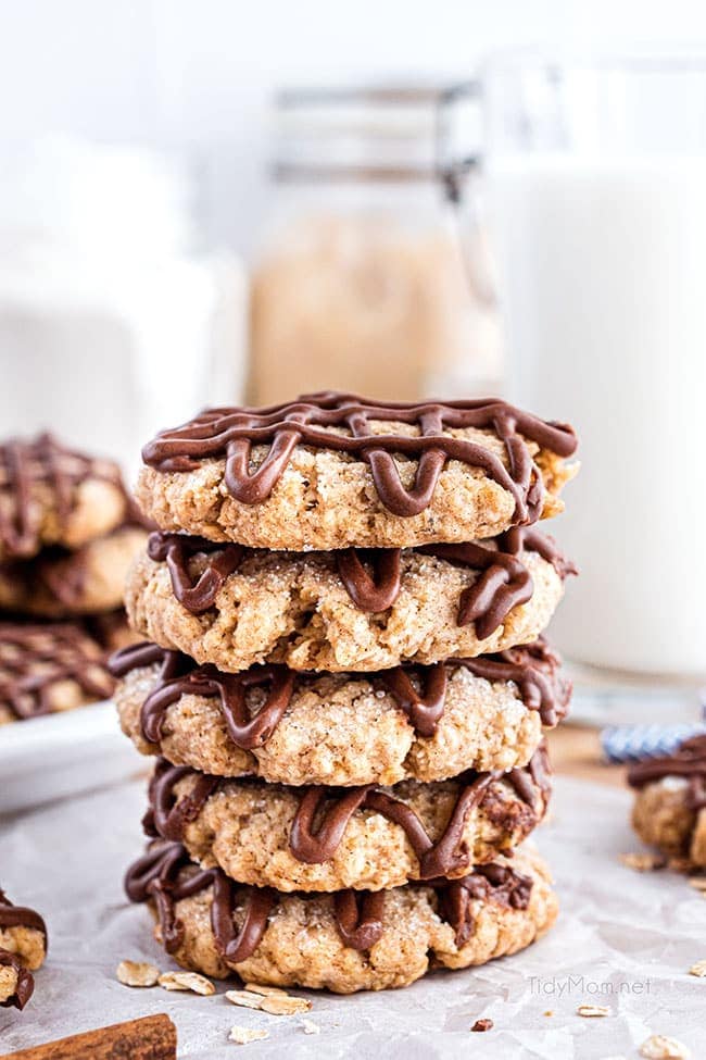 stack of oatmeal cookies with chocolate