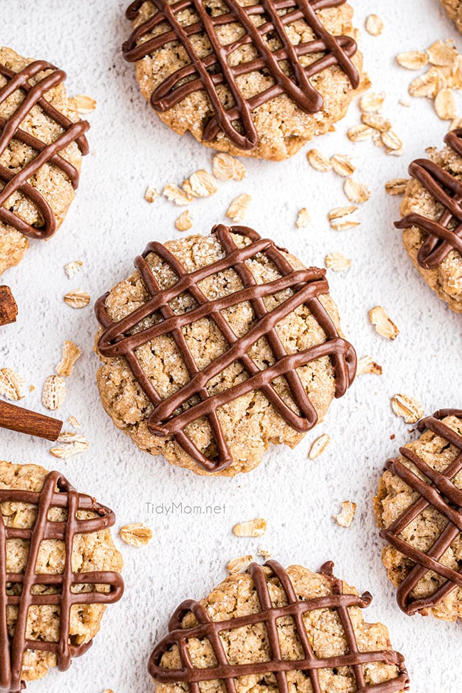 overhead shot of oatmeal cookies with chocolate drizzle