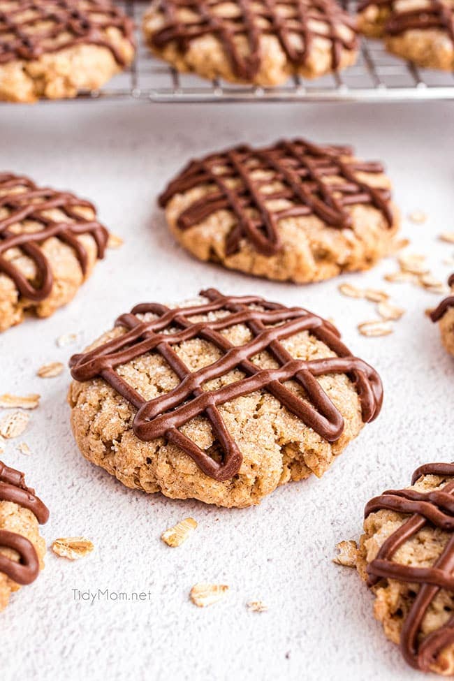 eggless oatmeal cookies with chocolate drizzle on a counter