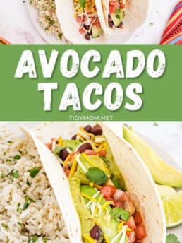 avocado tacos on plates with a side of rice