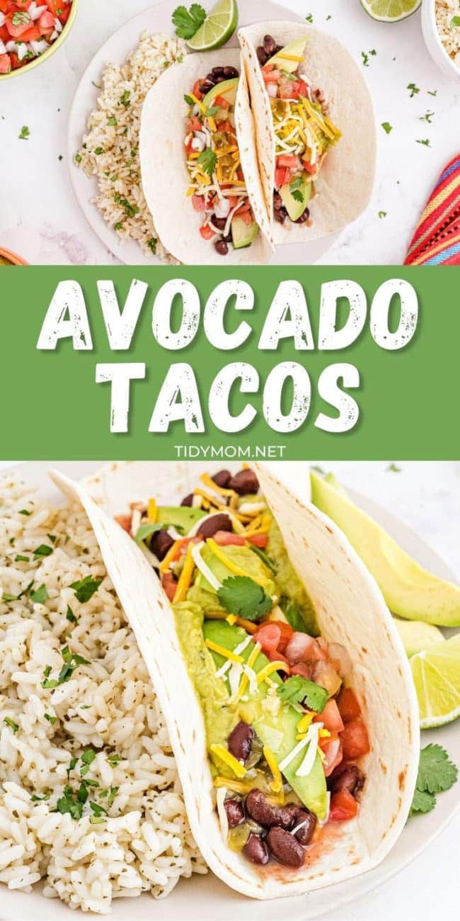 avocado tacos on plates with a side of rice