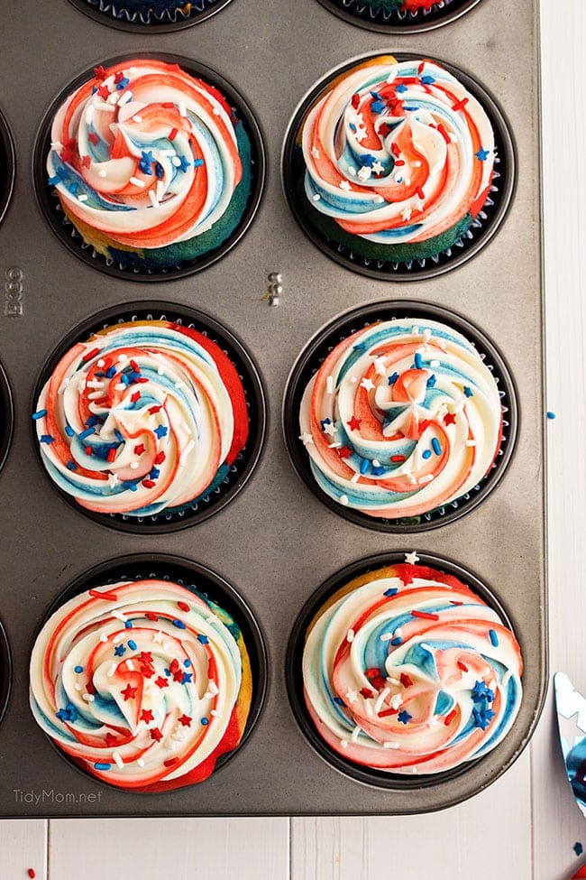 red white and blue cupcake in a muffin pan