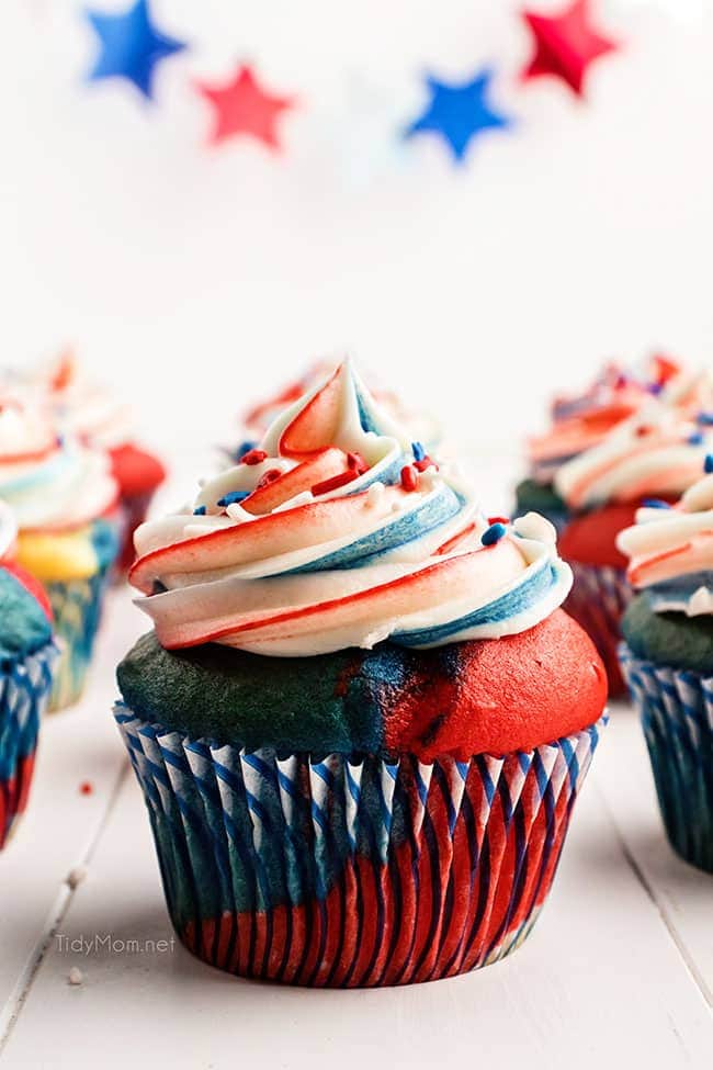 red white and blue cupcake on a table