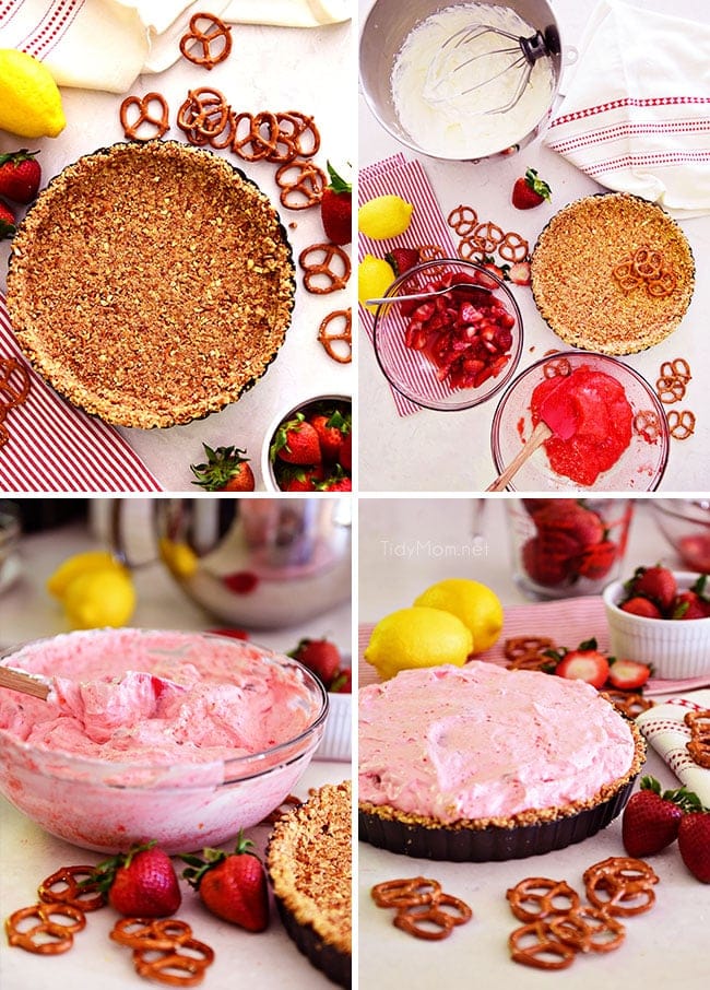 photo collage of strawberry pretzel pie steps