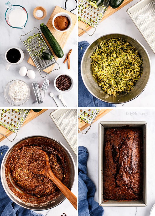 step by step photo collage for making chocolate zucchini bread