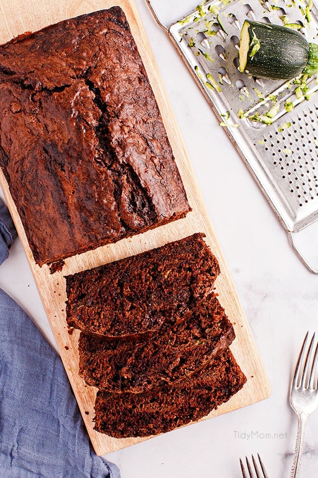 overhead look of sliced chocolate zucchini bread loaf