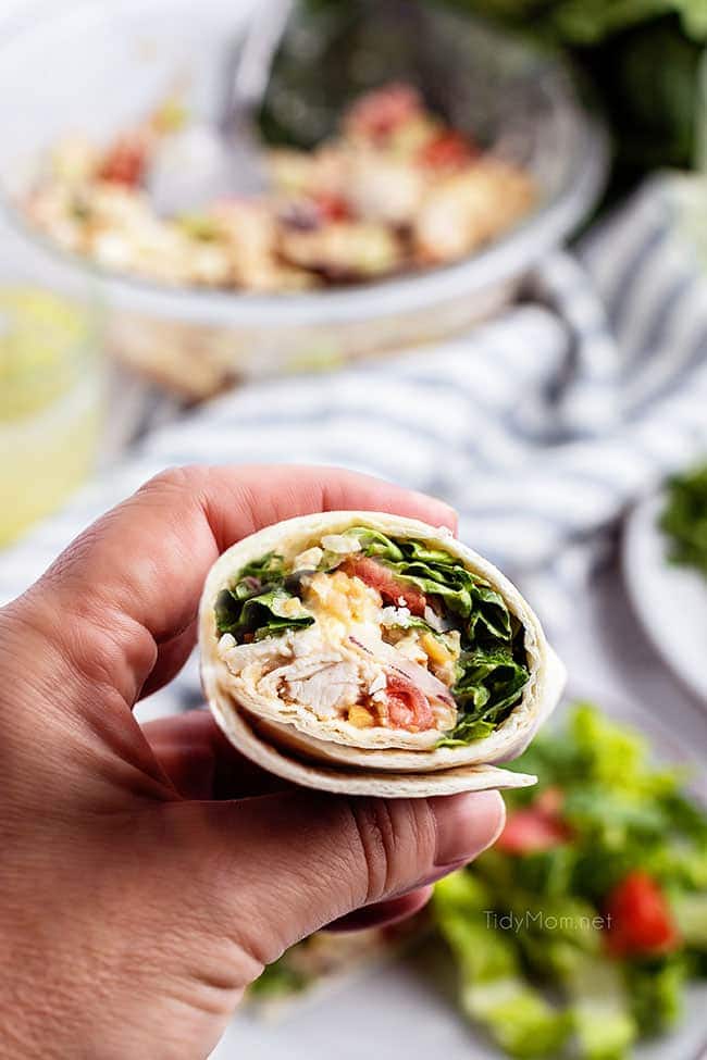 woman's hand holding chicken wrap 