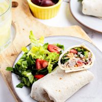 chicken wrap on a plate with a salad