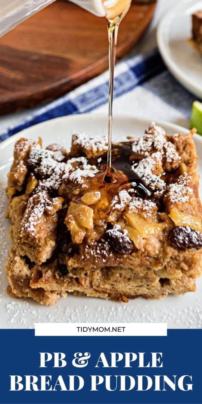 syrup being drizzled onto a plate of apple bread pudding on plates 