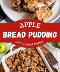 A pan of peanut butter apple bread pudding and a serving on a white plate