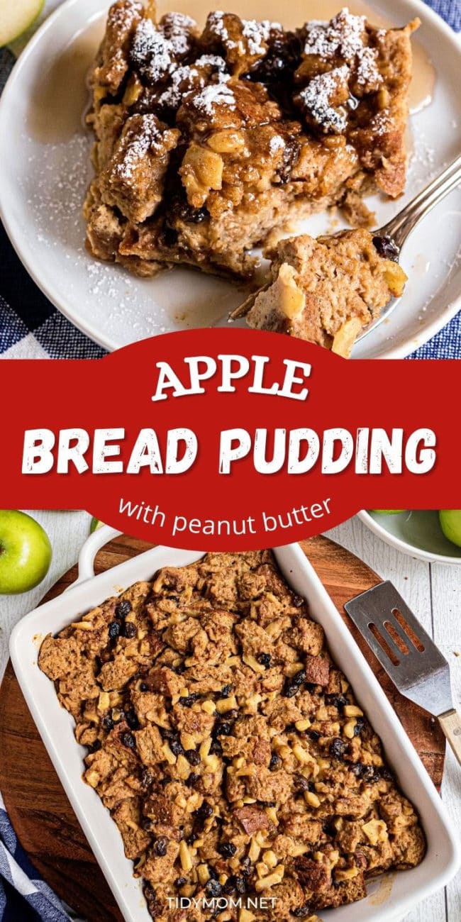 A pan of peanut butter apple bread pudding and a serving on a white plate