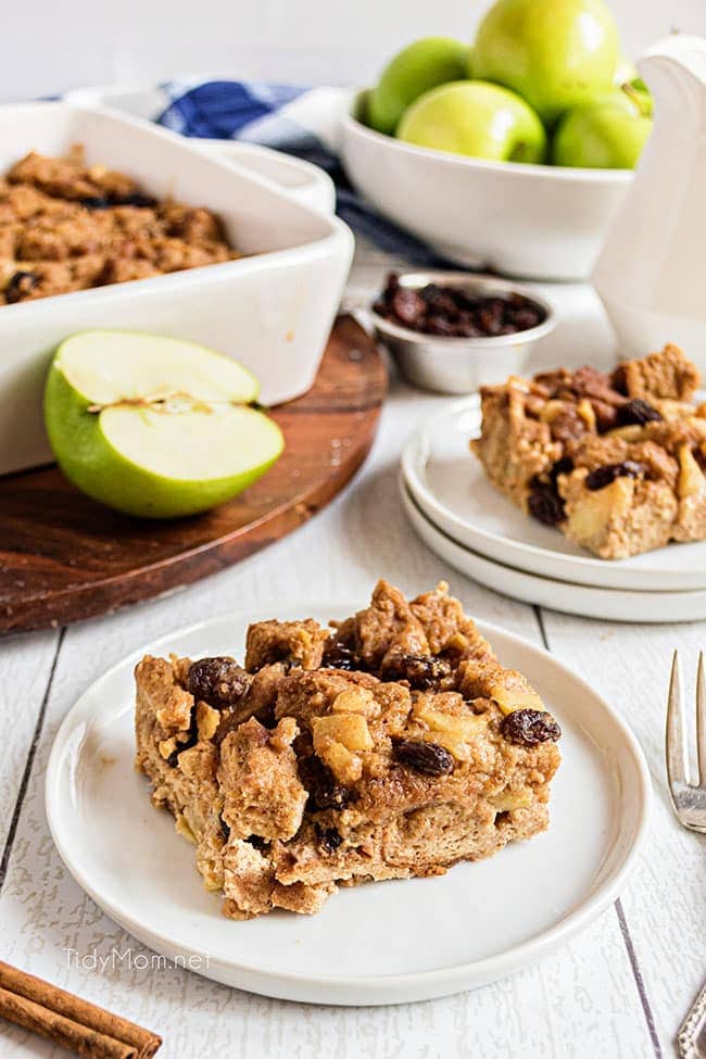 peanut butter apple bread pudding on plates 