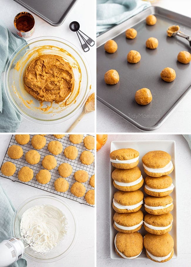 photo collage of how to make homemade pumpkin whoopie pies