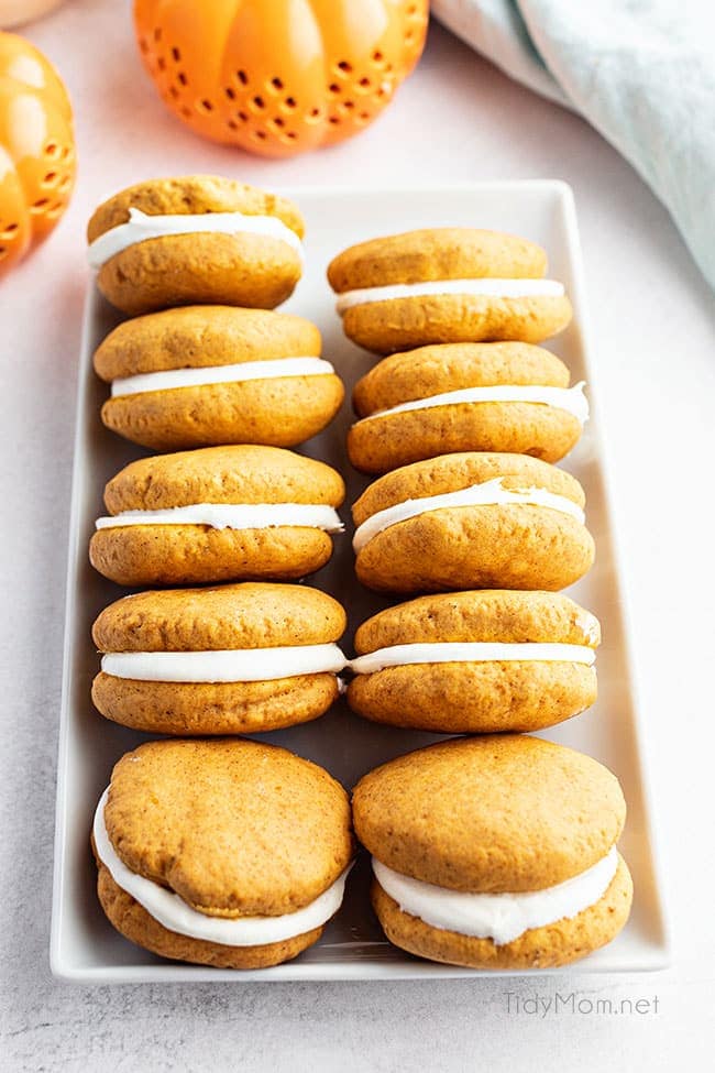 homemade pumpkin whoopie pies in on a tray