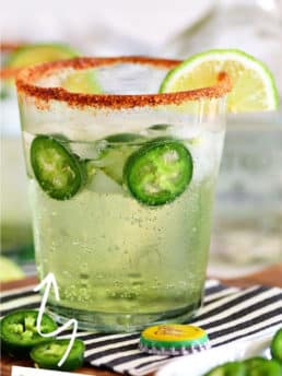 ranch water in a glass with a chili lime rim