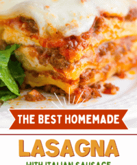 the best homemade lasagna on a plate with fresh basil